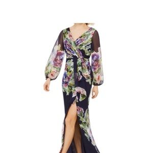 ADRIANNA PAPELL Wedding Mother Guest Navy Floral Gown Dress Sz 16 - 14 READ ⬇️